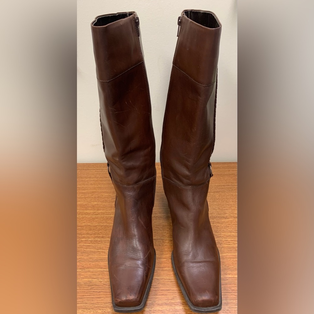 Croft & Barrow Brown Braided Leather Square Toe Tall Boots Zipper Closure SZ 10 - Picture 13 of 13